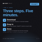 How the AI FAQ Schema Generator AI prompt works in three steps: download, drop it into your AI chat, done