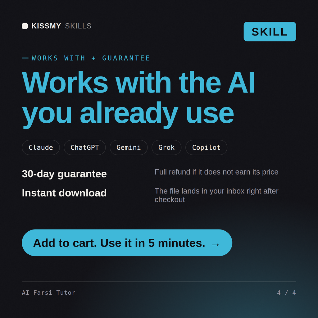 The AI Farsi Tutor AI skill works with Claude, ChatGPT, Gemini and any AI chat, 30-day money-back guarantee