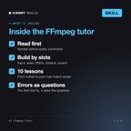 What's inside the AI FFmpeg Tutor AI skill: Read first, Build by slots, 10 lessons, Errors as questions