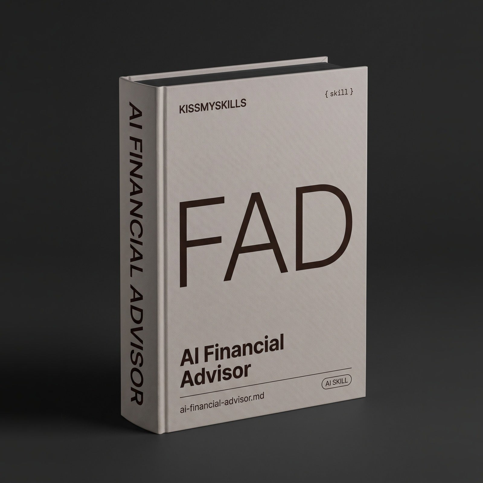 Financial Advisor Claude skill by KissMySkills, pale warm taupe grey bookcloth cover with the monogram FAD