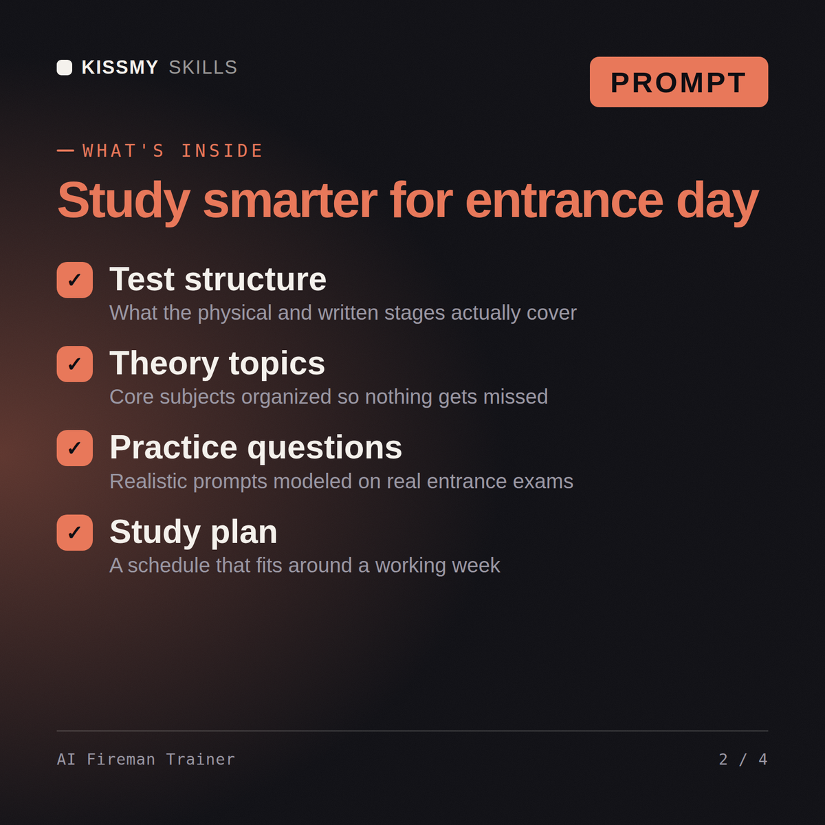 What's inside the AI Fireman Trainer AI prompt: Test structure, Theory topics, Practice questions, Study plan