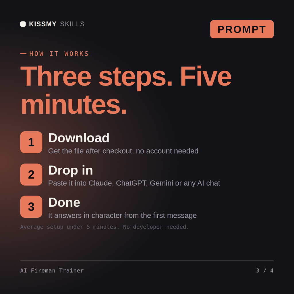 How the AI Fireman Trainer AI prompt works in three steps: download, drop it into your AI chat, done