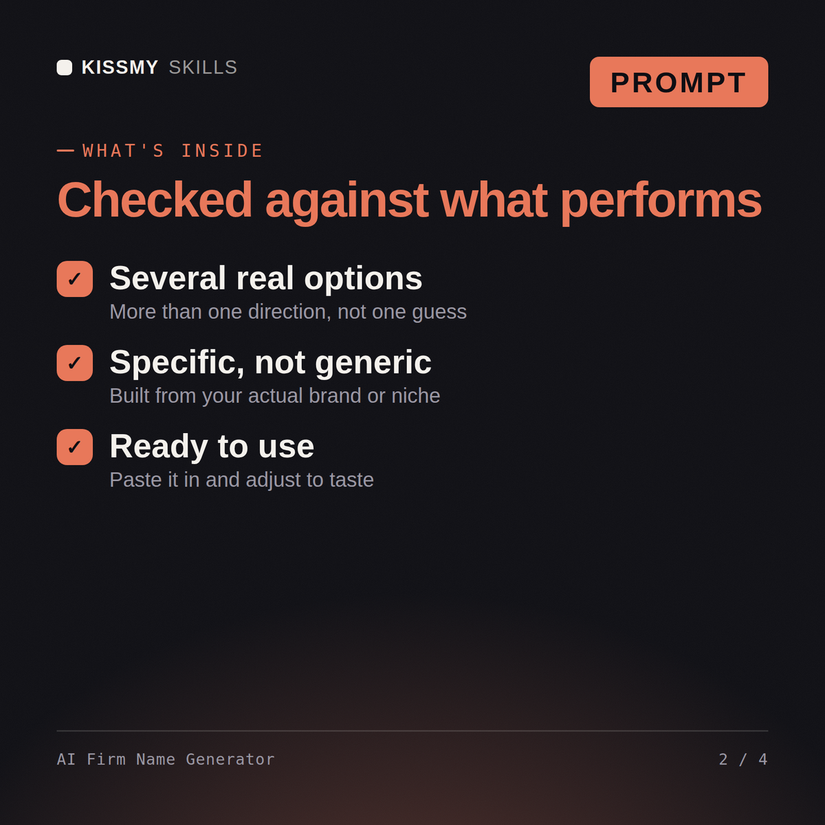 What's inside the AI Firm Name Generator AI prompt: Several real options, Specific, not generic, Ready to use