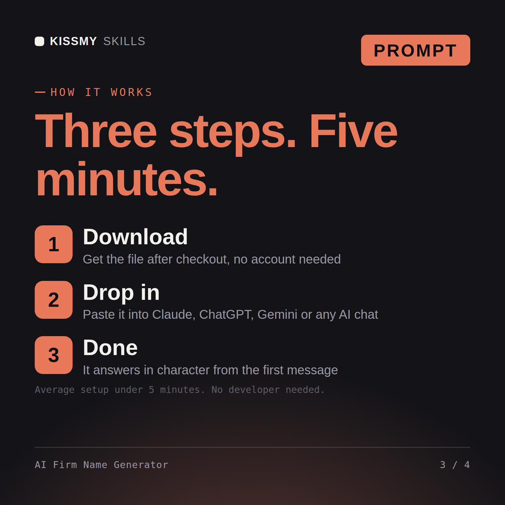 How the AI Firm Name Generator AI prompt works in three steps: download, drop it into your AI chat, done