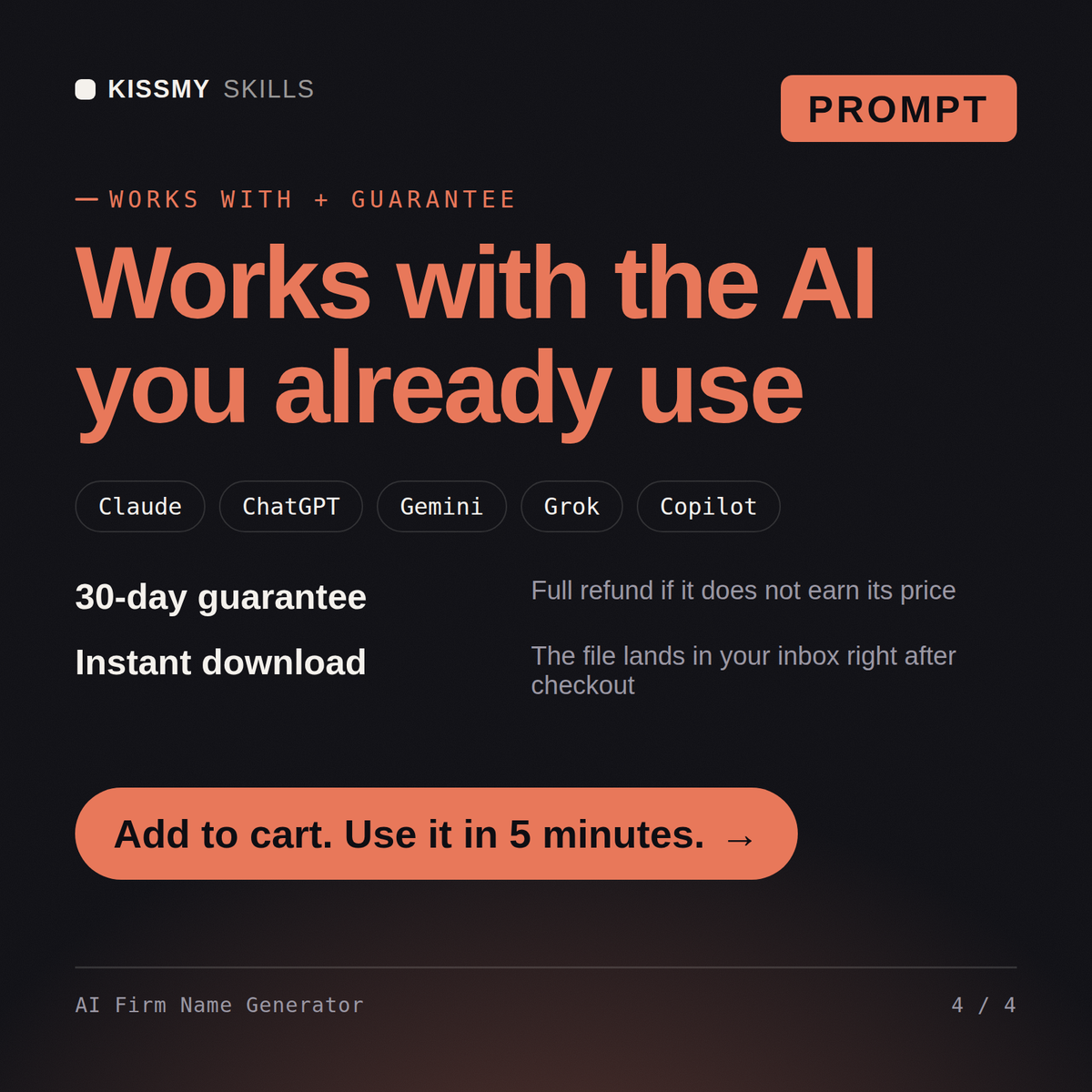 The AI Firm Name Generator AI prompt works with Claude, ChatGPT, Gemini and any AI chat, 30-day money-back guarantee