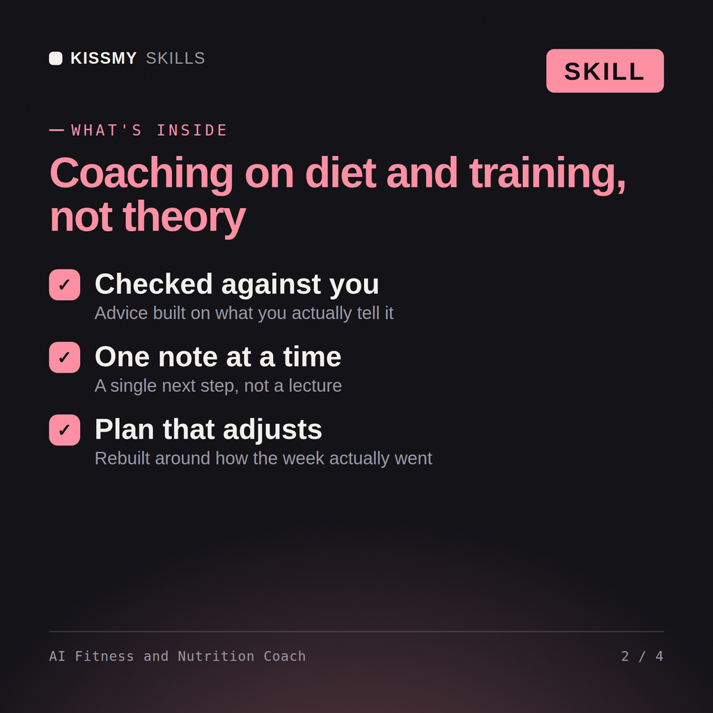 What's inside the AI Fitness and Nutrition Coach AI skill: Checked against you, One note at a time, Plan that adjusts