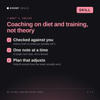 What's inside the AI Fitness and Nutrition Coach AI skill: Checked against you, One note at a time, Plan that adjusts