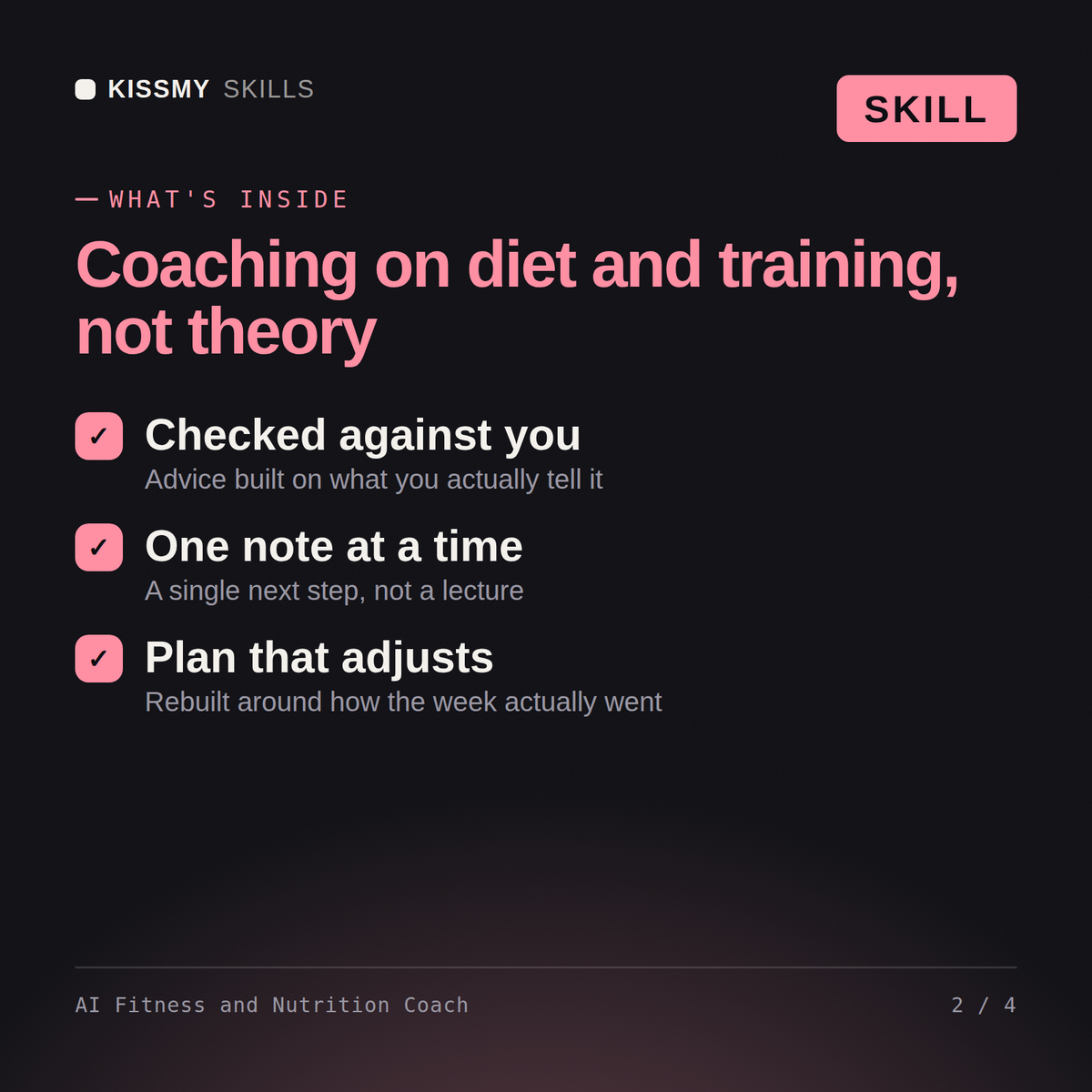 What's inside the AI Fitness and Nutrition Coach AI skill: Checked against you, One note at a time, Plan that adjusts