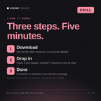 How the AI Fitness and Nutrition Coach AI skill works in three steps: download, drop it into your AI chat, done