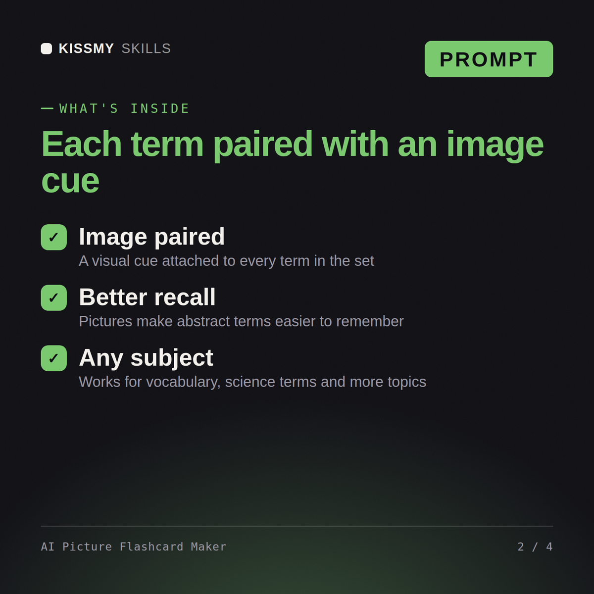 What's inside the AI Picture Flashcard Maker AI prompt: Image paired, Better recall, Any subject