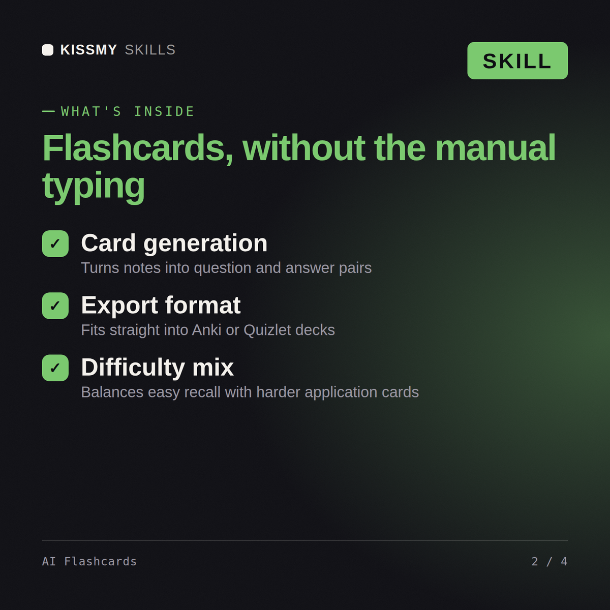What's inside the AI Flashcards AI skill: Card generation, Export format, Difficulty mix