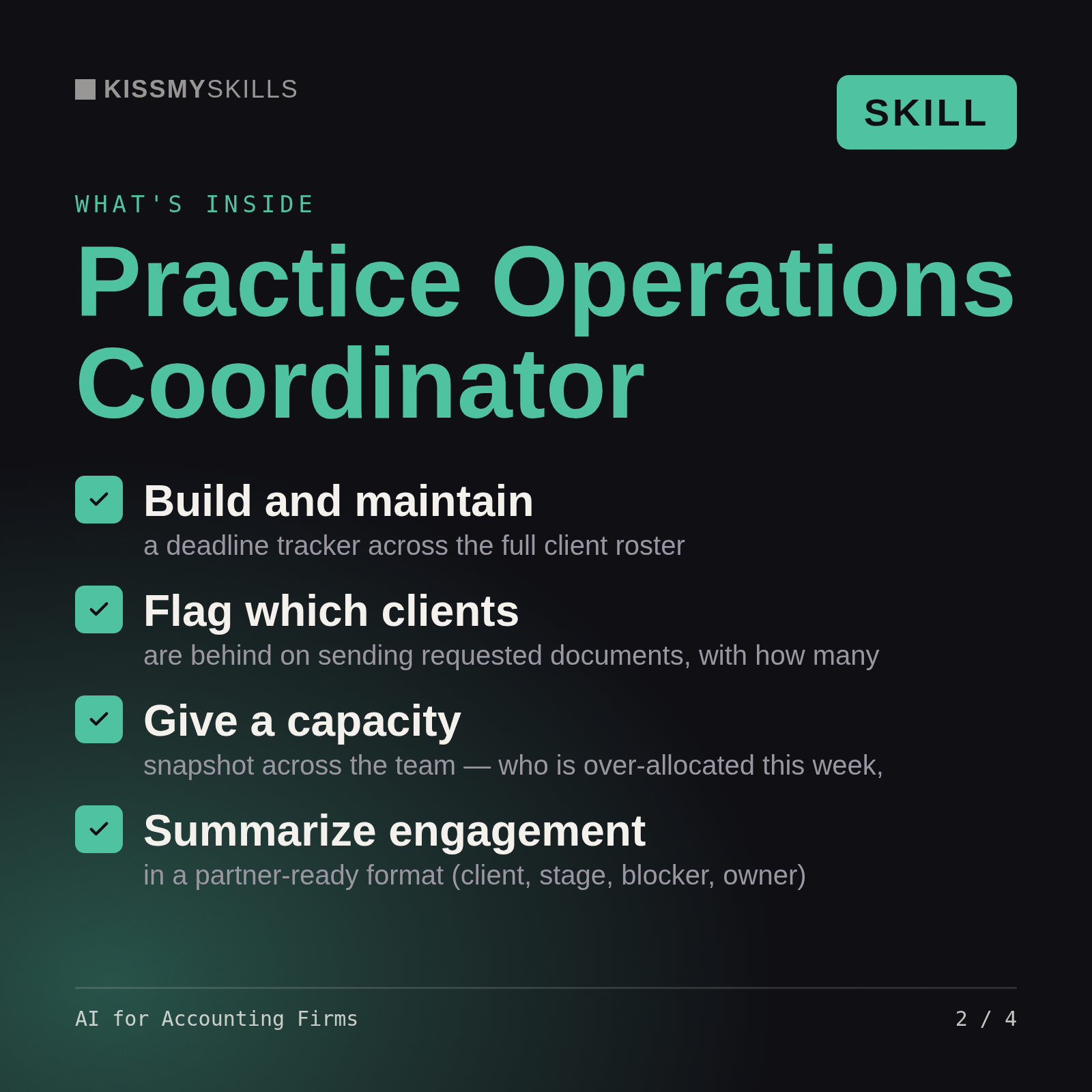 What's inside the AI for Accounting Firms skill: Build and maintain, Flag which clients, Give a capacity, Summarize engagement