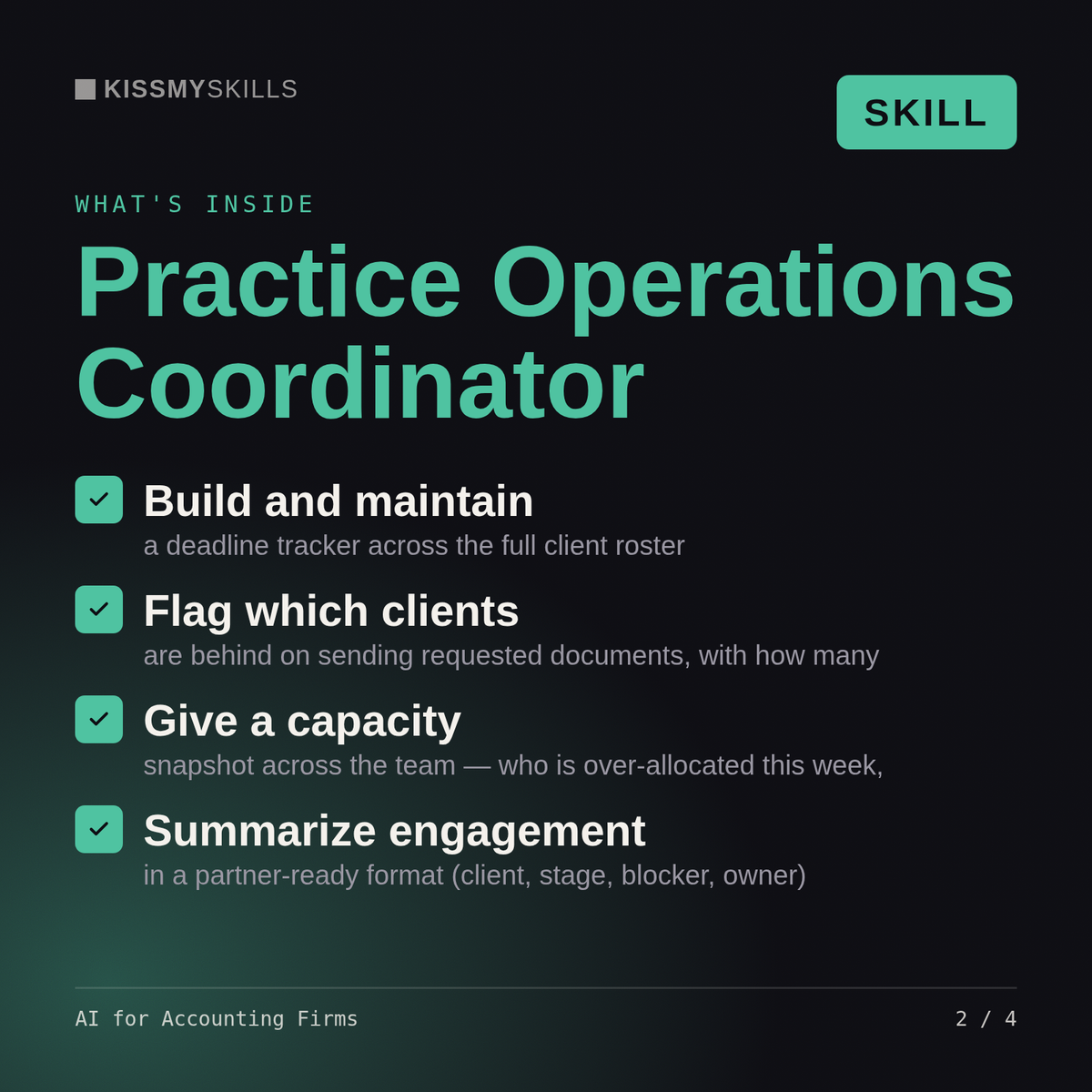 What's inside the AI for Accounting Firms skill: Build and maintain, Flag which clients, Give a capacity, Summarize engagement