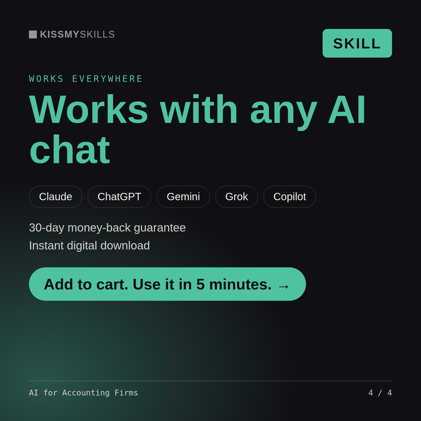 The AI for Accounting Firms skill works with Claude, ChatGPT, Gemini and any AI chat, 30-day money-back guarantee