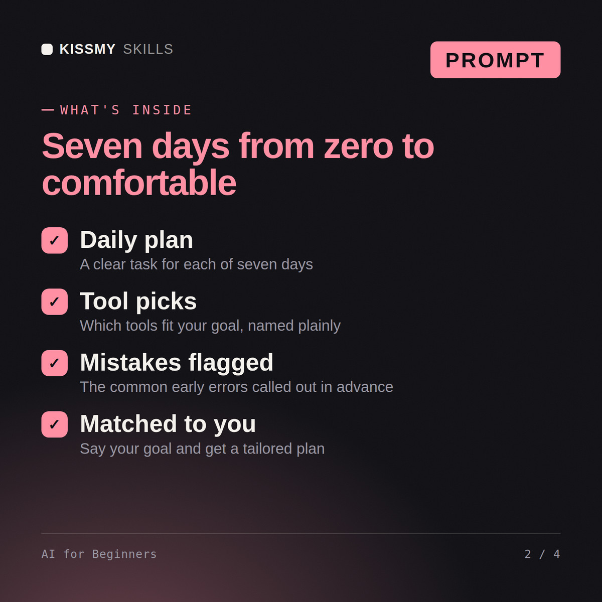 What's inside the AI for Beginners AI prompt: Daily plan, Tool picks, Mistakes flagged, Matched to you