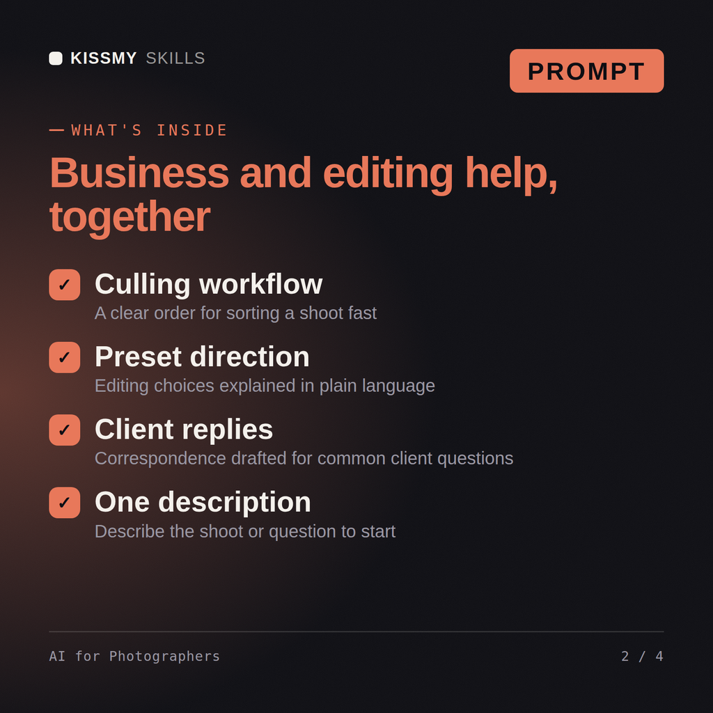 What's inside the AI for Photographers AI prompt: Culling workflow, Preset direction, Client replies, One description