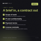 What's inside the Freelance Contract Generator AI skill: Scope of work, IP and confidentiality, Payment terms, License reminder