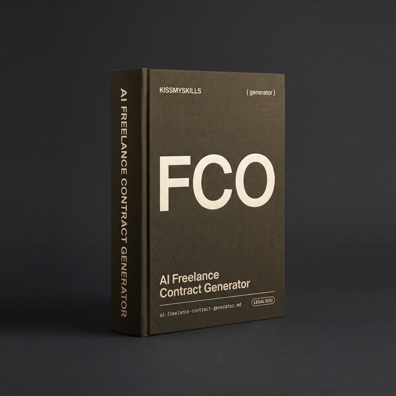 Freelance Contract Generator Claude skill by KissMySkills, deep olive bronze-green bookcloth cover with the monogram FCO