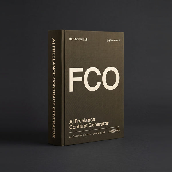 Freelance Contract Generator Claude skill by KissMySkills, deep olive bronze-green bookcloth cover with the monogram FCO