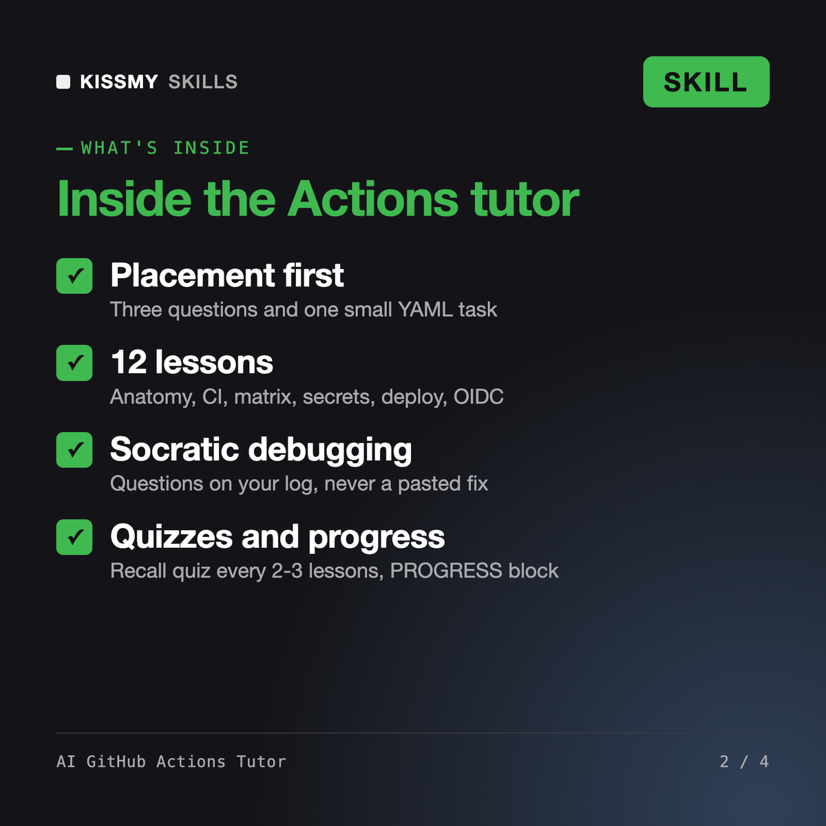 What's inside the AI GitHub Actions Tutor AI skill: Placement first, 12 lessons, Socratic debugging, Quizzes and progress