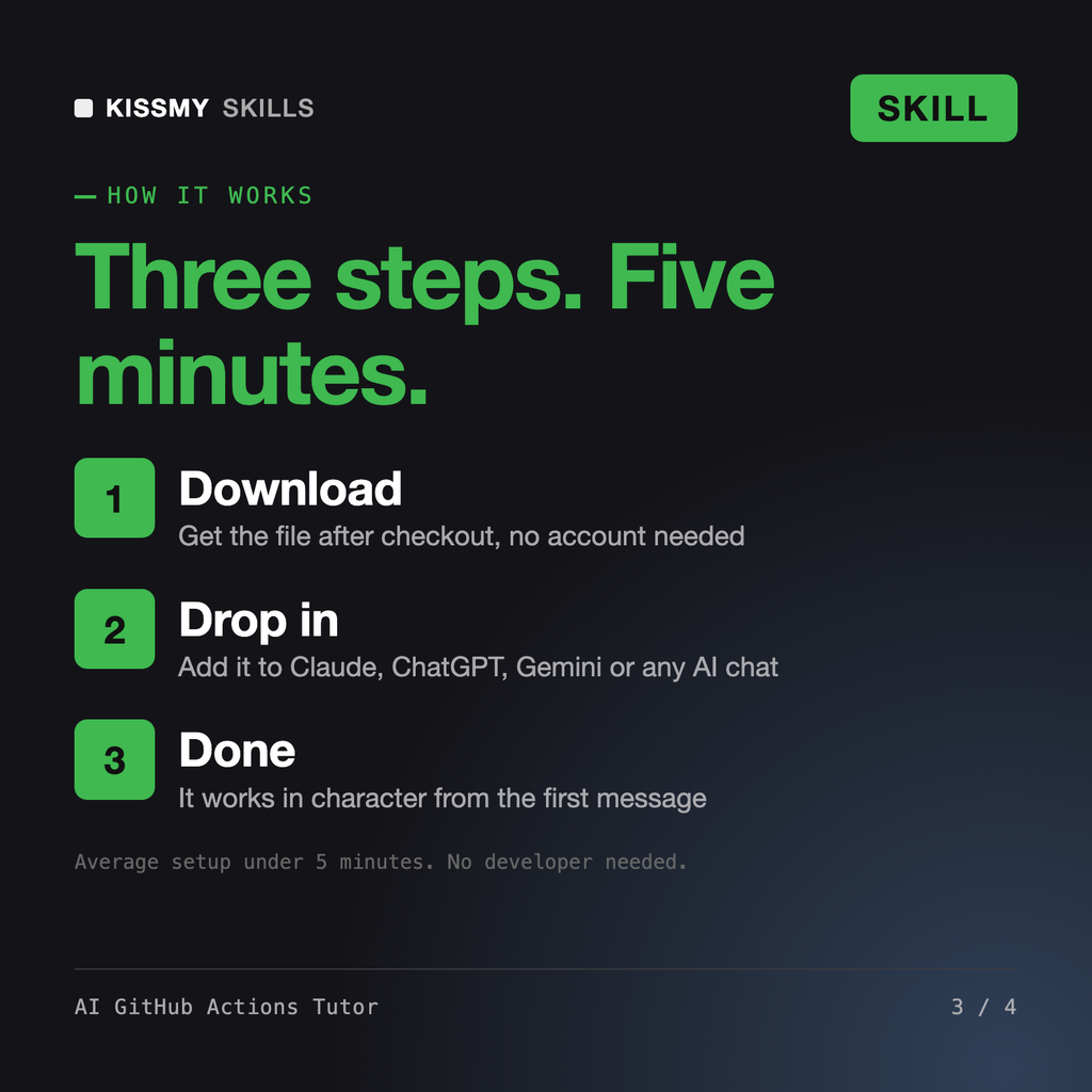 How the AI GitHub Actions Tutor AI skill works in three steps: download, drop it into your AI chat, done