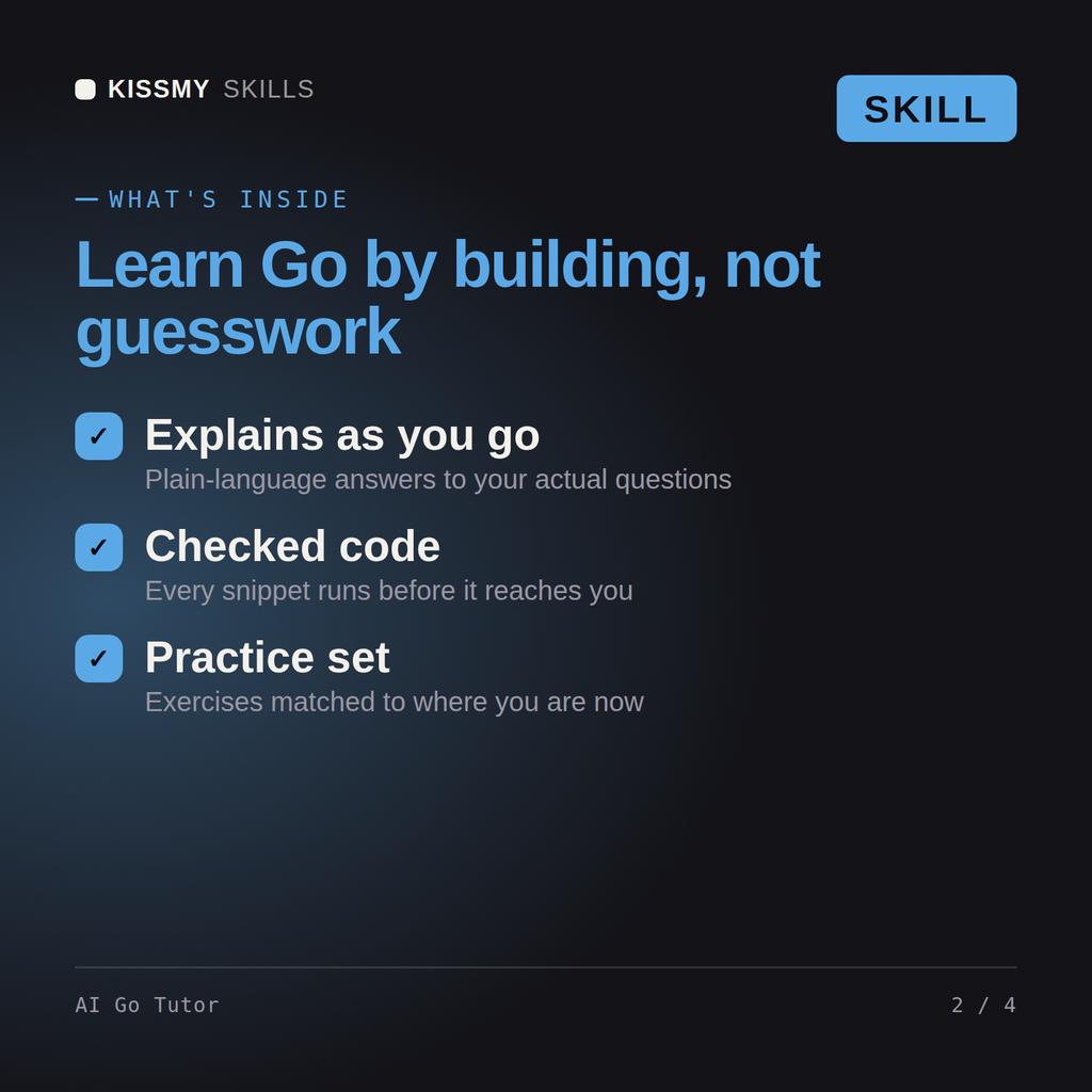 What's inside the AI Go Tutor AI skill: Explains as you go, Checked code, Practice set