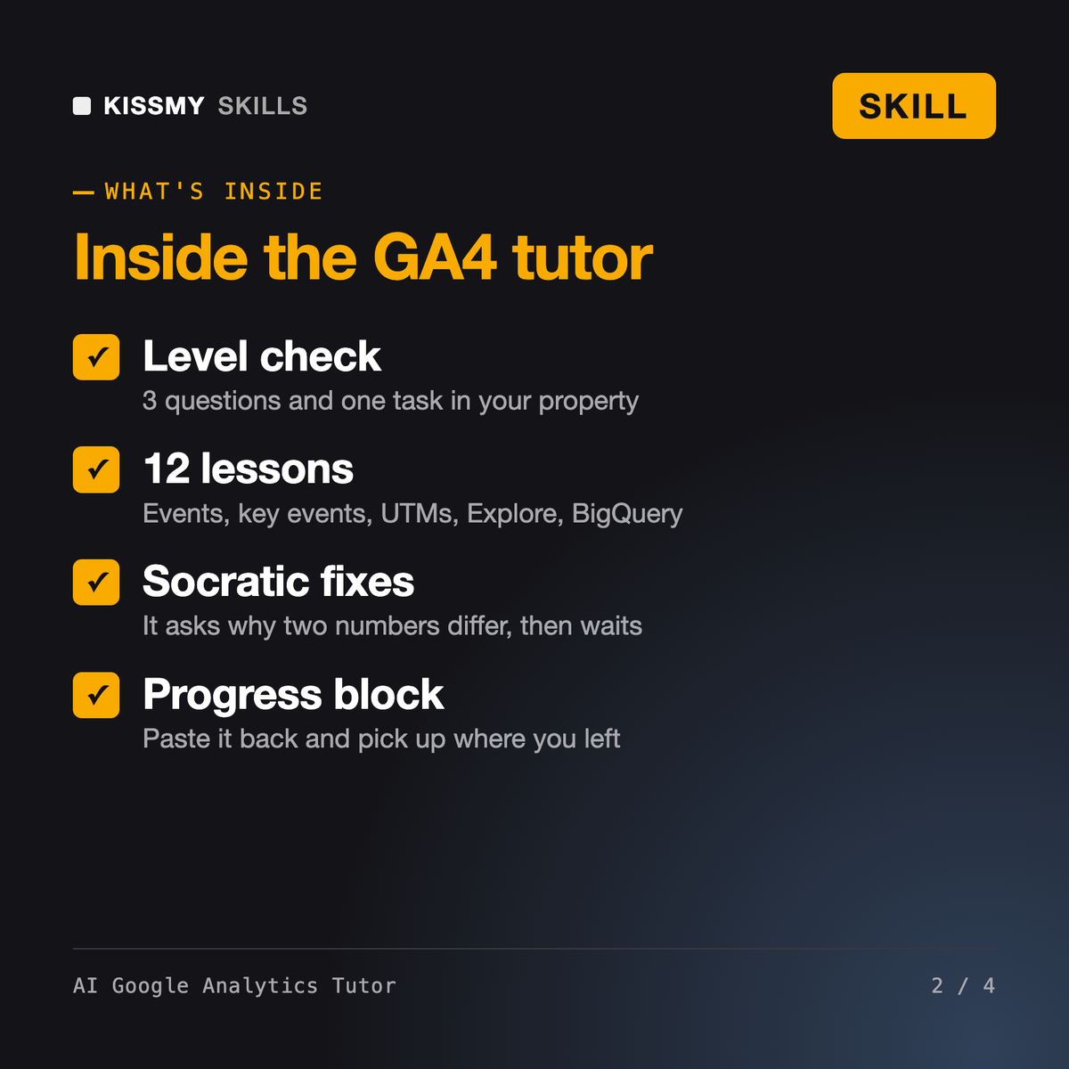 What's inside the AI Google Analytics Tutor AI skill: Level check, 12 lessons, Socratic fixes, Progress block