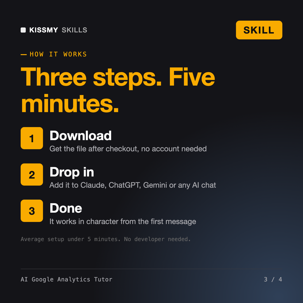 How the AI Google Analytics Tutor AI skill works in three steps: download, drop it into your AI chat, done