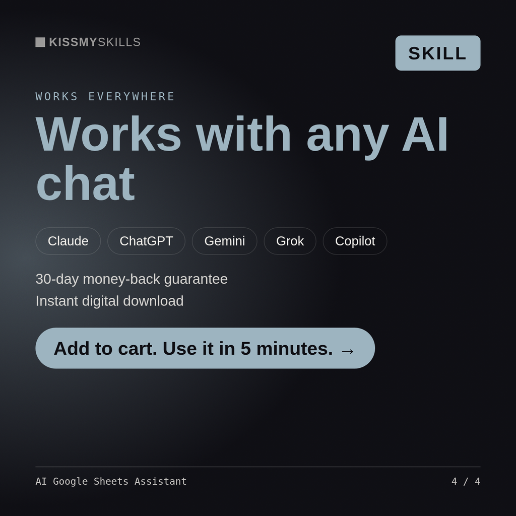 The AI Google Sheets Assistant skill works with Claude, ChatGPT, Gemini and any AI chat, 30-day money-back guarantee
