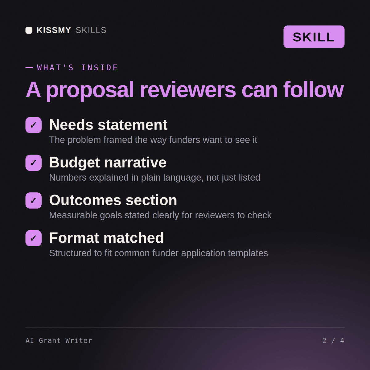 What's inside the AI Grant Writer AI skill: Needs statement, Budget narrative, Outcomes section, Format matched