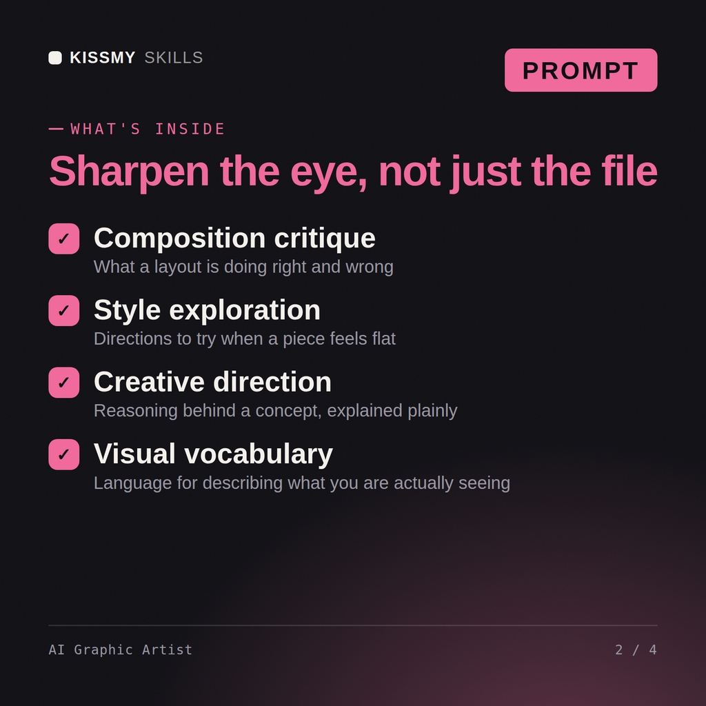 What's inside the AI Graphic Artist AI prompt: Composition critique, Style exploration, Creative direction, Visual vocabulary
