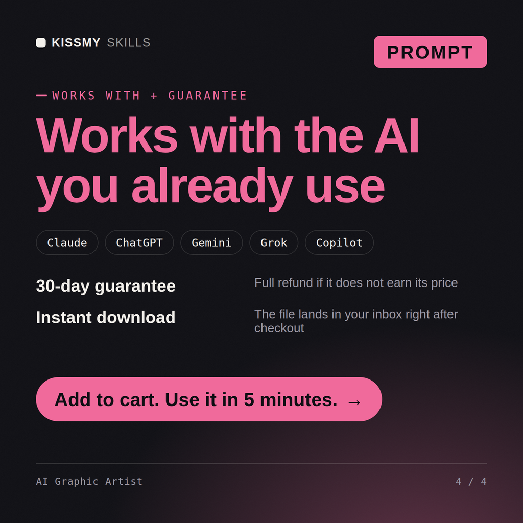 The AI Graphic Artist AI prompt works with Claude, ChatGPT, Gemini and any AI chat, 30-day money-back guarantee