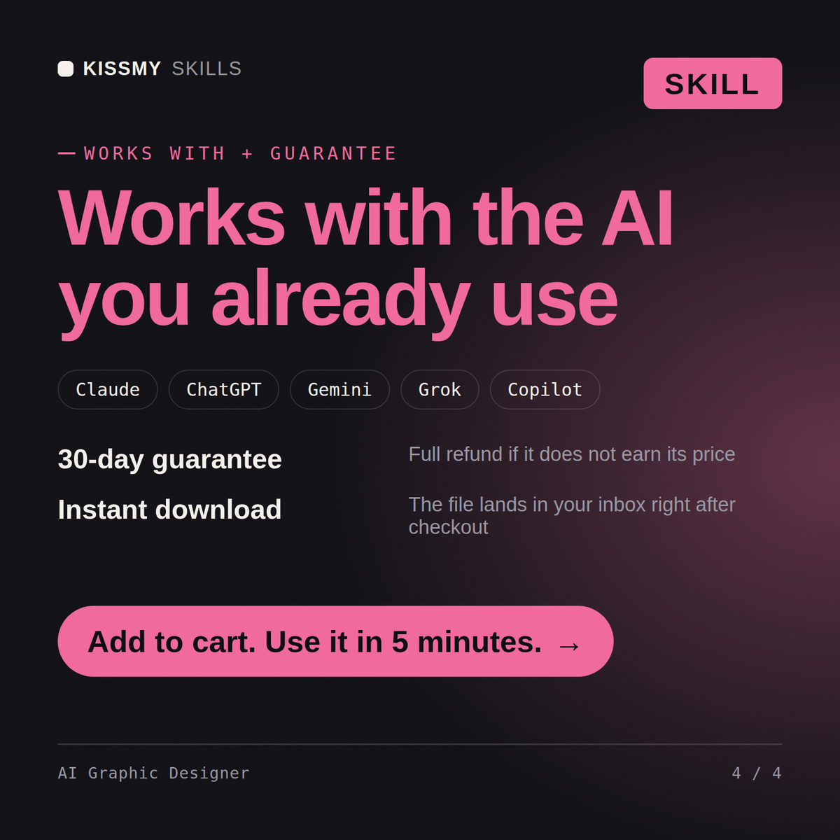 The AI Graphic Designer AI skill works with Claude, ChatGPT, Gemini and any AI chat, 30-day money-back guarantee