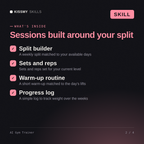 What's inside the AI Gym Trainer AI skill: Split builder, Sets and reps, Warm-up routine, Progress log