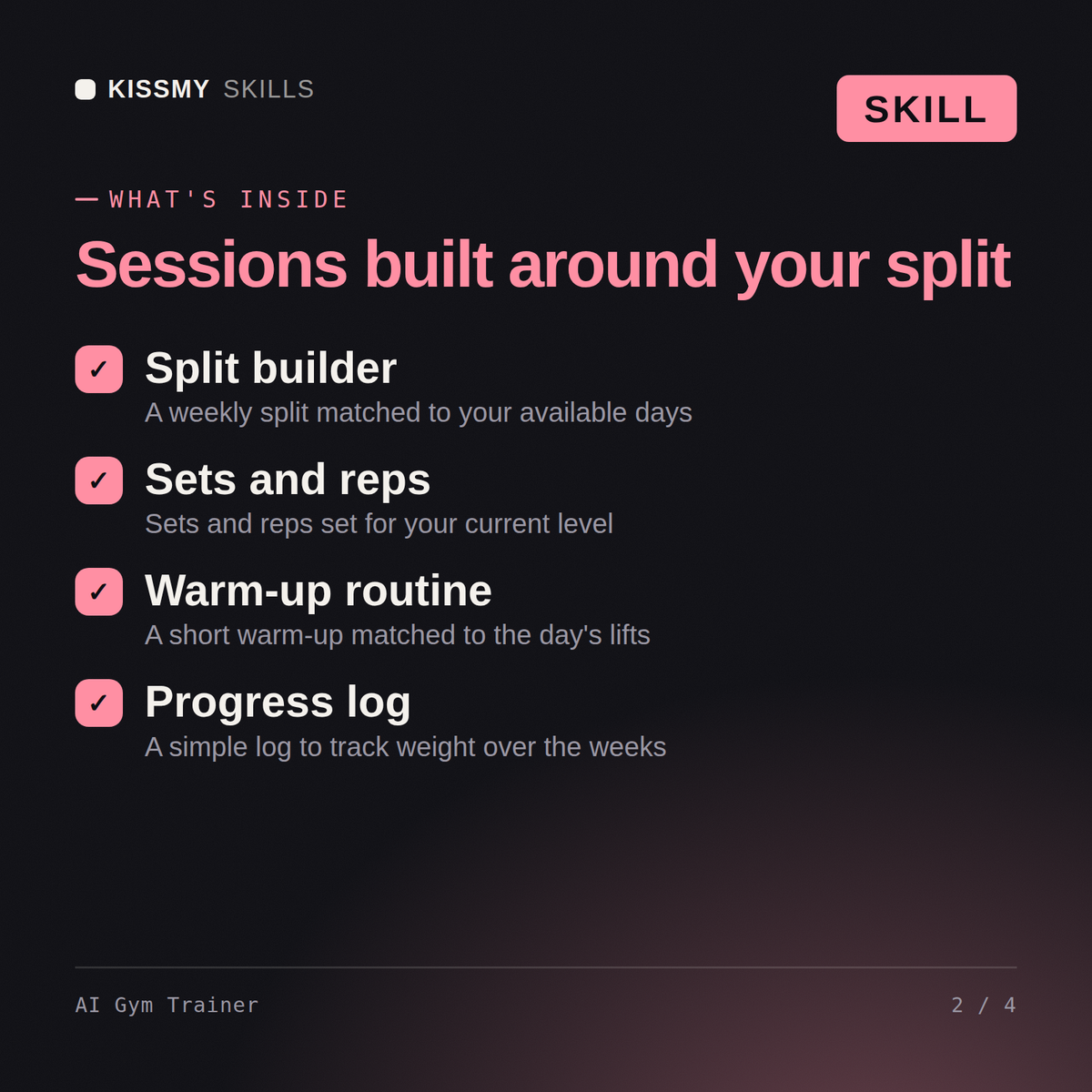 What's inside the AI Gym Trainer AI skill: Split builder, Sets and reps, Warm-up routine, Progress log