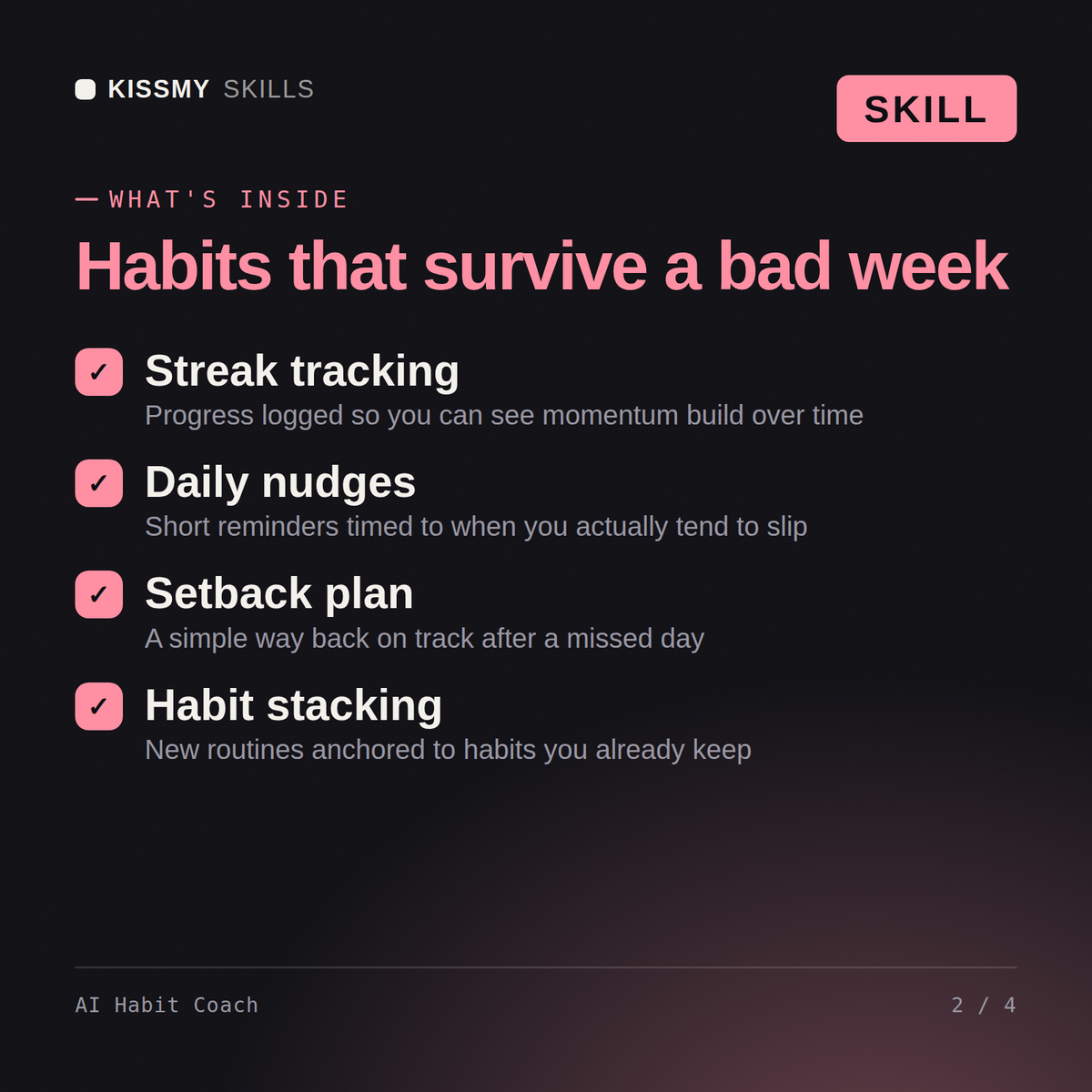 What's inside the AI Habit Coach AI skill: Streak tracking, Daily nudges, Setback plan, Habit stacking