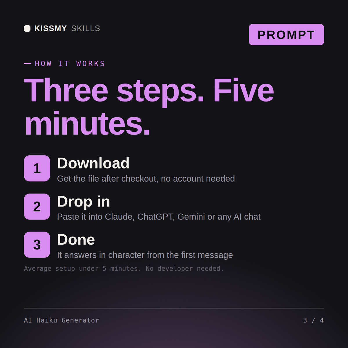 How the AI Haiku Generator AI prompt works in three steps: download, drop it into your AI chat, done