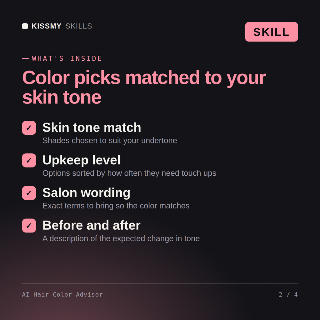 What's inside the AI Hair Color Advisor AI skill: Skin tone match, Upkeep level, Salon wording, Before and after