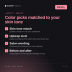 What's inside the AI Hair Color Advisor AI skill: Skin tone match, Upkeep level, Salon wording, Before and after