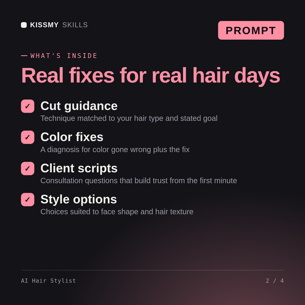 What's inside the AI Hair Stylist AI prompt: Cut guidance, Color fixes, Client scripts, Style options
