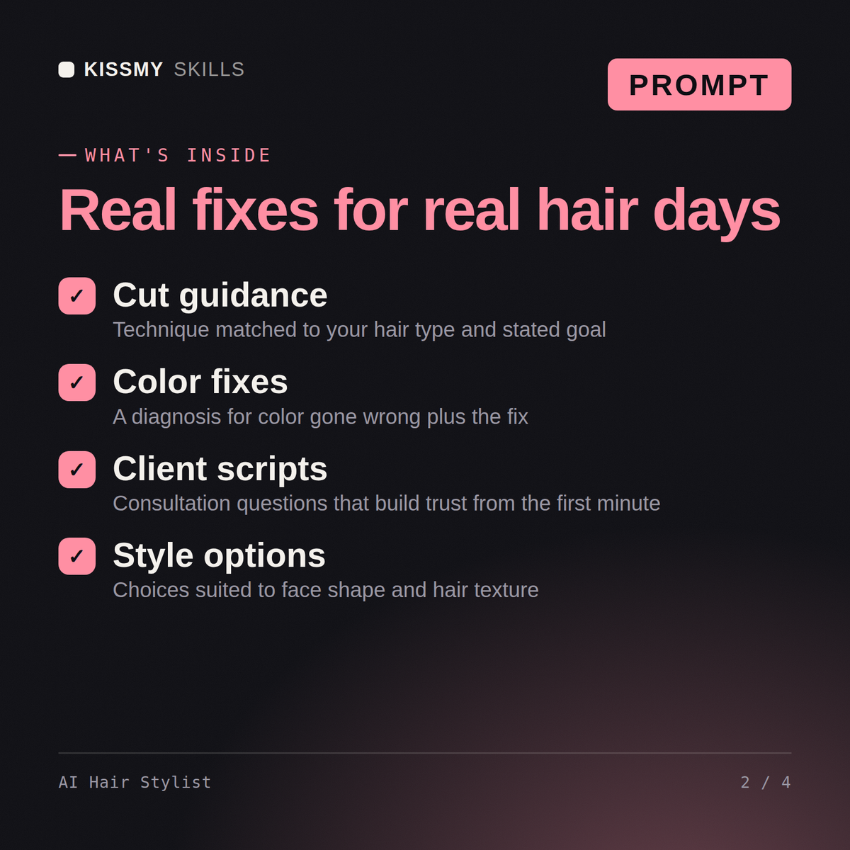 What's inside the AI Hair Stylist AI prompt: Cut guidance, Color fixes, Client scripts, Style options