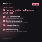 What's inside the AI Grooming Guide AI skill: Face shape match, Maintenance routine, Product shortlist, Barber wording