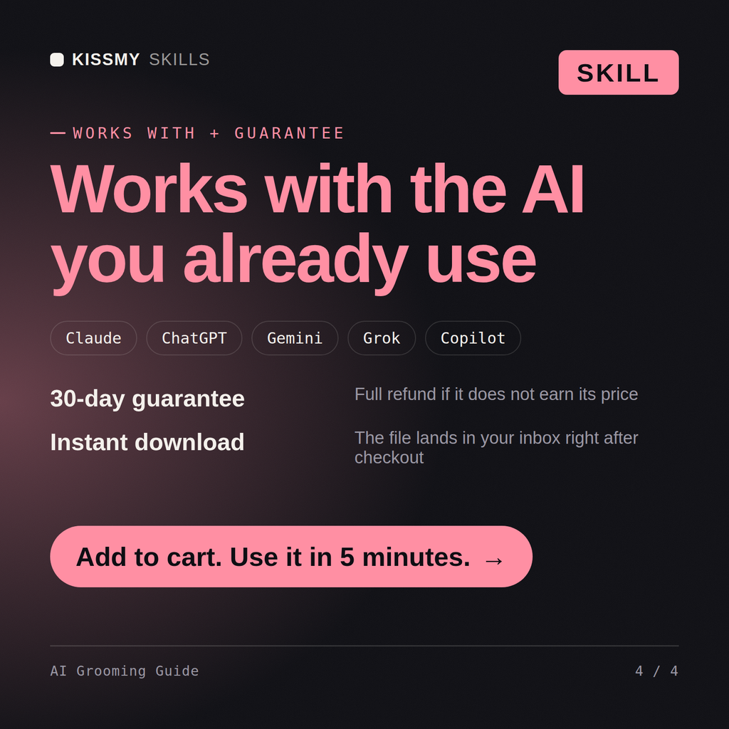 The AI Grooming Guide AI skill works with Claude, ChatGPT, Gemini and any AI chat, 30-day money-back guarantee