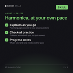 What's inside the AI Harmonica Tutor AI skill: Explains as you go, Checked practice, Progress notes