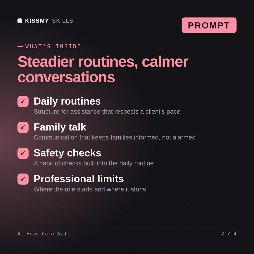 What's inside the AI Home Care Aide AI prompt: Daily routines, Family talk, Safety checks, Professional limits