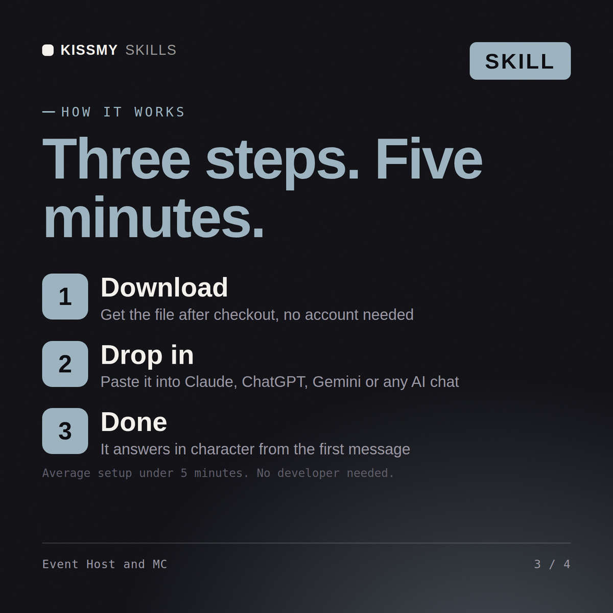 How the Event Host and MC AI skill works in three steps: download, drop it into your AI chat, done