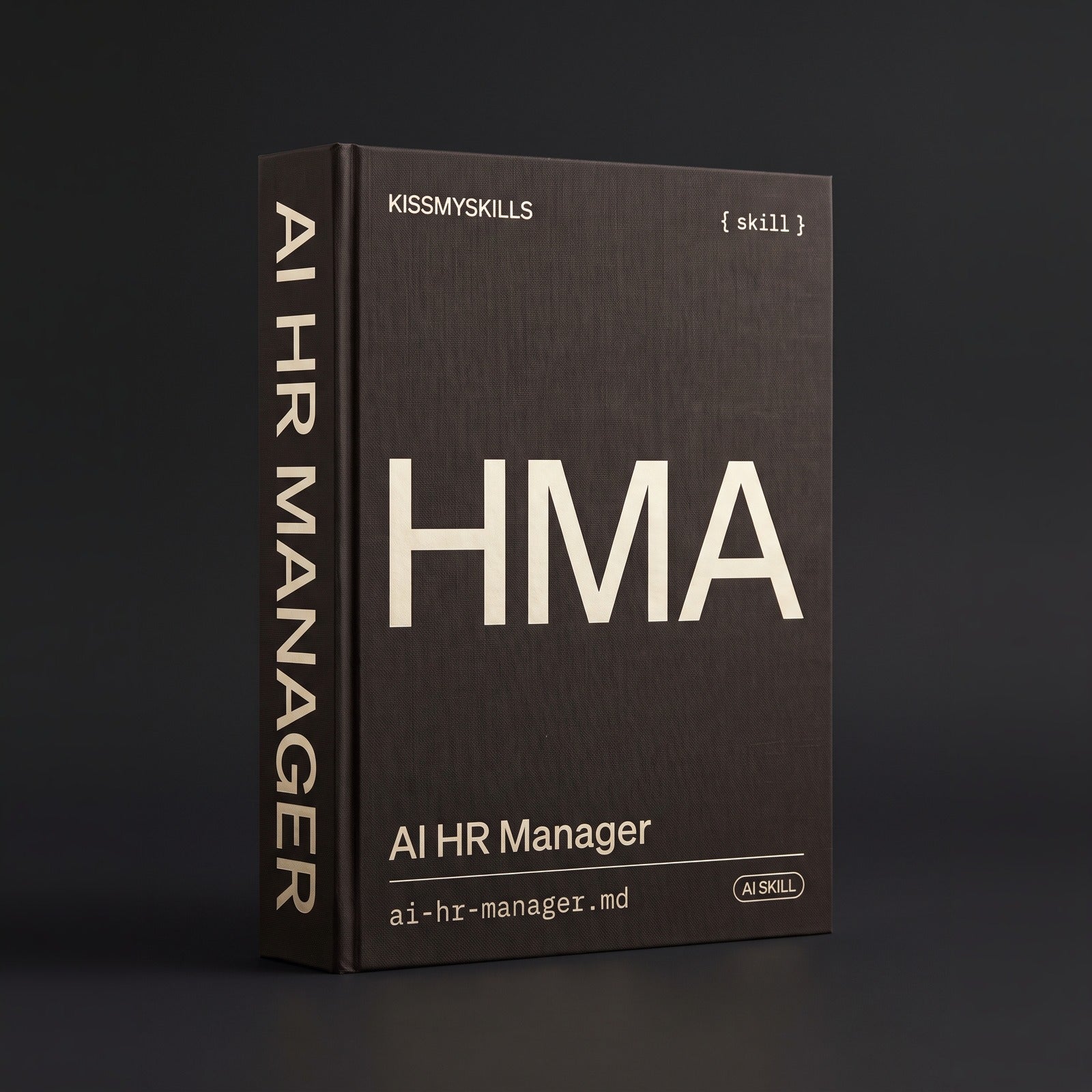 HR Manager Claude skill by KissMySkills, deep espresso brown bookcloth cover with the monogram HMA