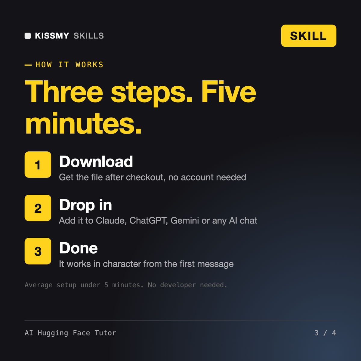 How the AI Hugging Face Tutor AI skill works in three steps: download, drop it into your AI chat, done