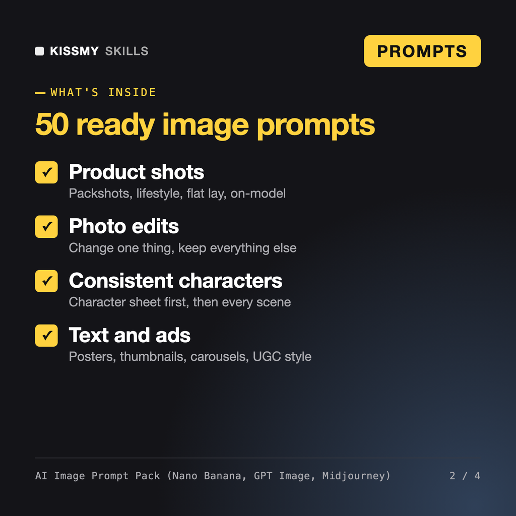 What's inside the AI Image Prompt Pack (Nano Banana, GPT Image, Midjourney): Product shots, Photo edits, Consistent characters, Text and ads
