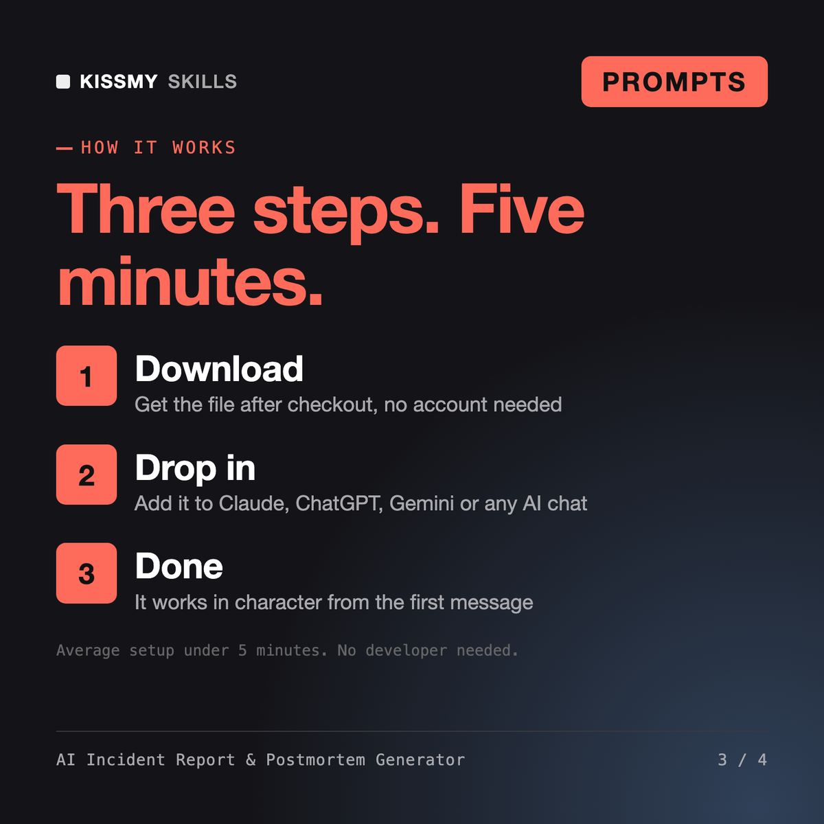 How the AI Incident Report & Postmortem Generator works in three steps: download, drop it into your AI chat, done